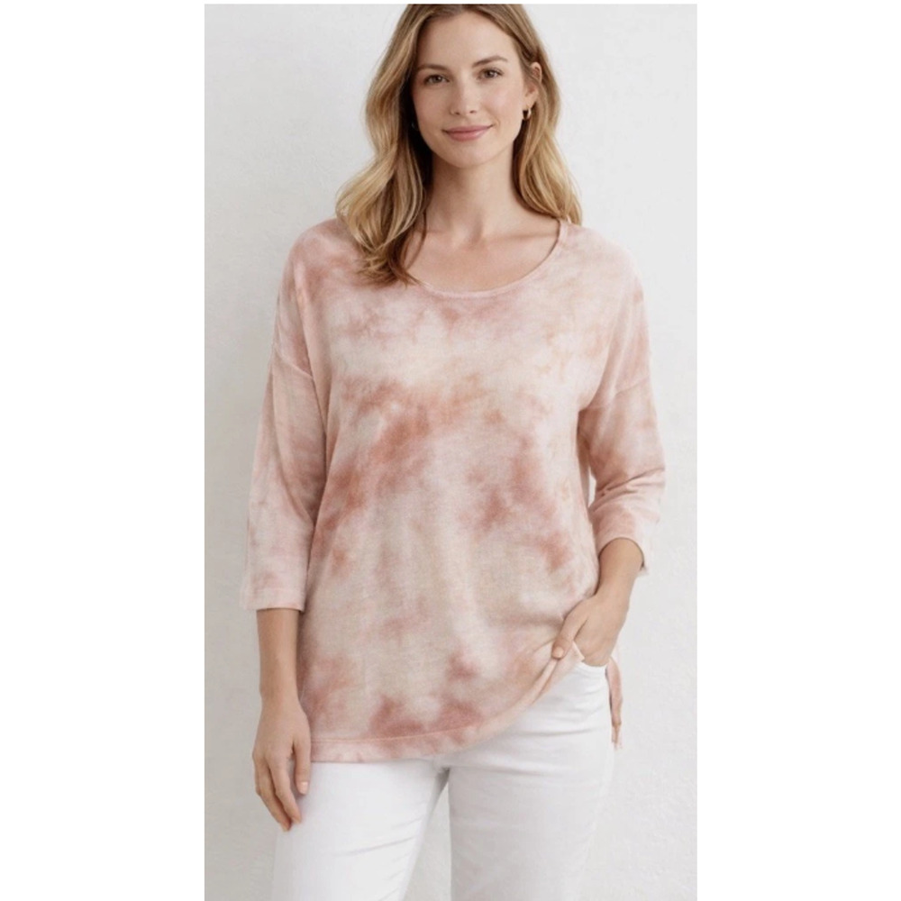 Pure Jill Linen Cotton Pink Tie Dye Tunic Top Size Large 3/4 Sleeve Boho Coastal